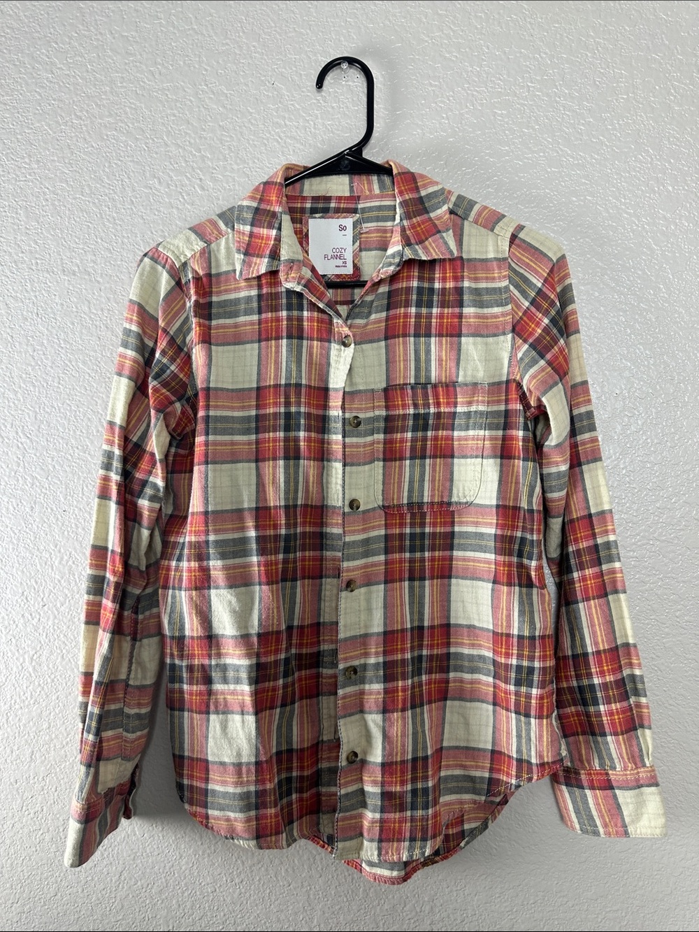 SO Cozy Flannel Plaid Long Sleeve Shirt in Cream, Red, Gray XS